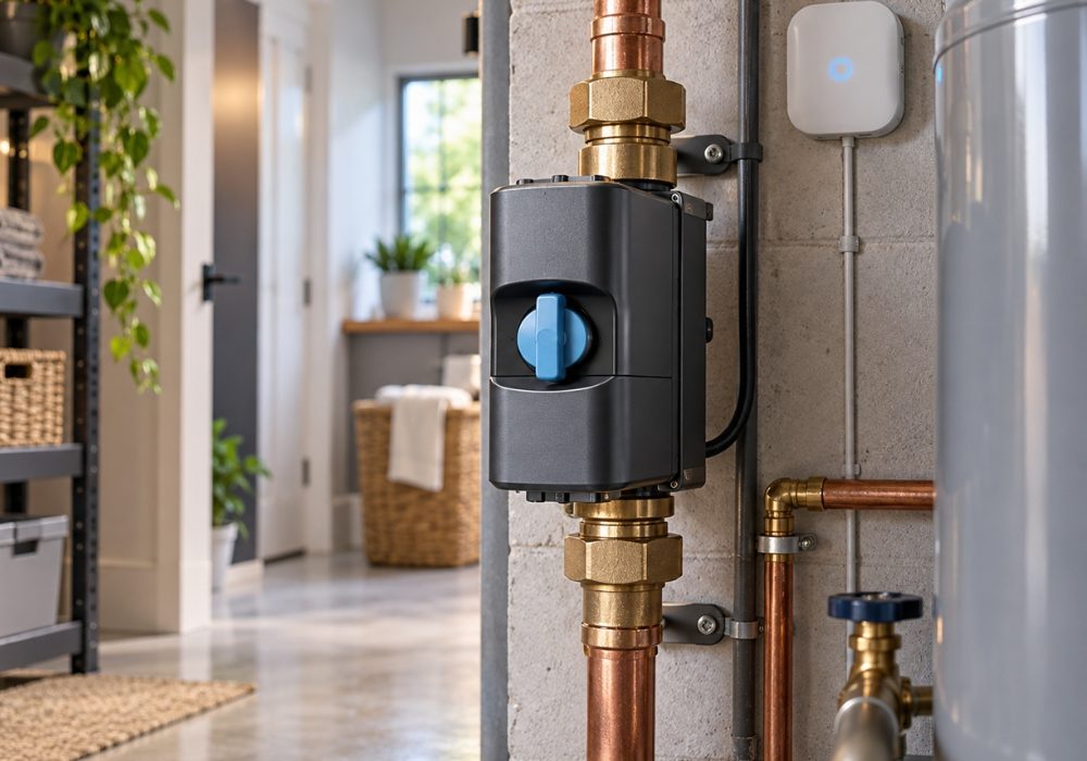 Moen Flo Smart Water Shutoff installed on copper pipes.